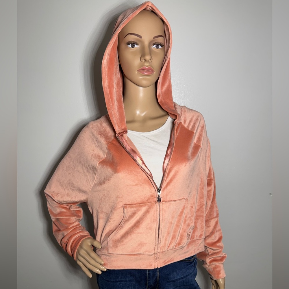 Victoria’s Secret Women’s Peach Velour Cropped Hoodie Sz S Full Zip Y2K 2000’s